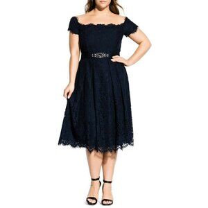 City Chic Off the Shoulder All Over Lace Dreams Dress Size XS/14 Navy NWOT